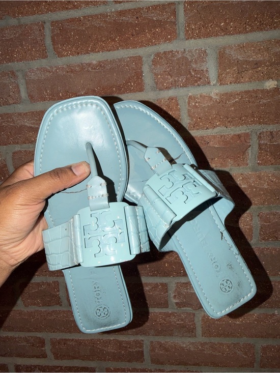 Tory Burch Shoes - Tory Burch Sky Blue Croc-Embossed Thong Sandals